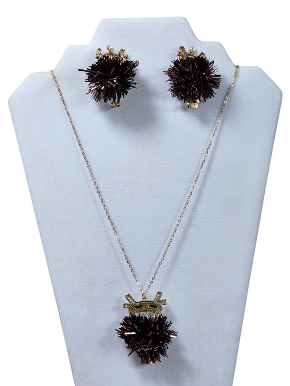 Reindeer Necklace & Earrings Set Brown Pom Pom Multi Color Rinestone Holiday